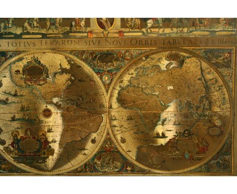 A modern reproduction of Willem Blaeu's map of the world embellished with silver foil. Lithograph with a brief history of the