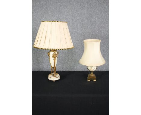 A vintage gilt spelter and marble Classical style table lamp and a Japanese hand gilded ceramic table lamp. H.48cm. (Largest)