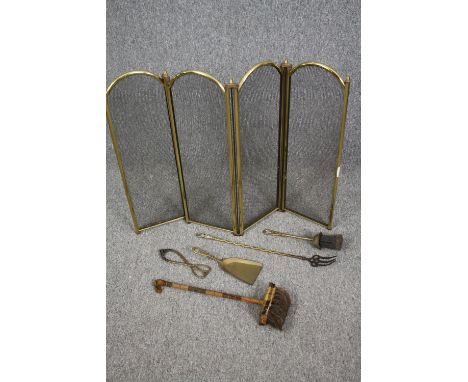 A brass fireguard and other fireplace implements. H.63cm. (Largest). 