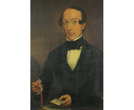 Oil on canvas, portrait of a gentleman sealing a letter. H.112 W.90cm. 
