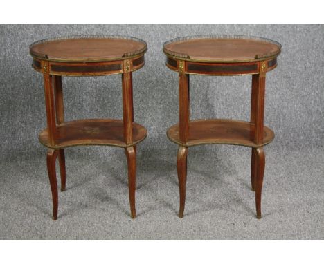 Lamp tables, a pair 19th century walnut crossbanded with ormolu mounts and marquetry inlay. H.74 W.49 D.38cm. (Each). 
