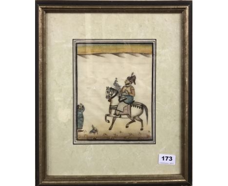 A framed Mughal Indian watercolour on silk of a Maharaja hunting with a hawk, 35 x 40cm.