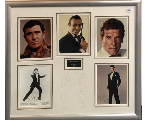 A signed framed montage of five actors previously playing James Bond, to include George Lazenby, Sean Connery, Timothy Dalton