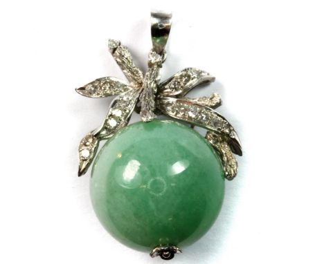 A white metal (tested 18ct gold) diamond set pendant set with a large polished jade ball, L. 4cm.