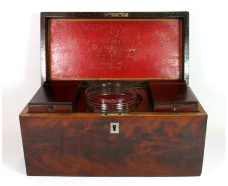 An early 19th century flame mahogany veneered tea caddy, W. 36 x 18 x 18cm.