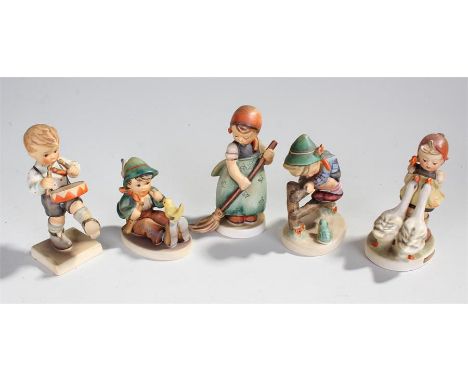 Goebel porcelain figures, to include a sweep, a boy and chick, boy on a fence, a girl with geese and a boy on a drum, (5)