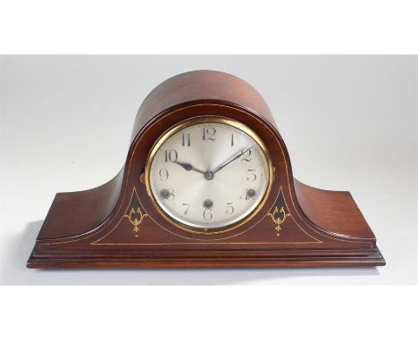 Early 20th Century mantel clock, the arched case with inlaid swag decoration, silvered dial with Arabic hours, three train mo