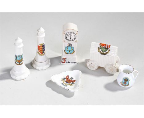 Six crested ware items to include Weymouth and Great Yarmouth lighthouses, Cambridge dish, Lowestoft jug, King Lynn clock, Li