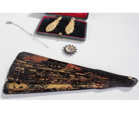 Mixed objects, to include a Japanese fan, a watch chain compass, a case and a pair of bone carved pendants, (50