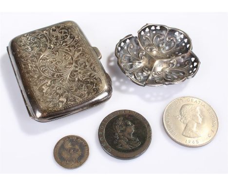 Silver cigarette case a 1965 Churchill coin, 1797 Cartwheel penny, a George IV coin and a pierced silver item