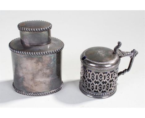 Silver plated tea caddy and mustard pot with liner by James Dixon. (2)