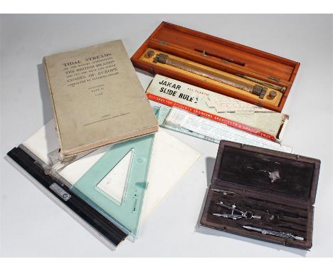 Mixed instruments, to include a Jakar set, a Jakar board, Jakar slide rule, Tidal Streams of the waters, 1948 and a Heath & C