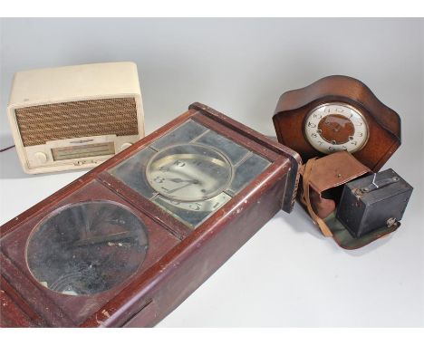 Wall mounted clock together with a Smiths mantel clock, a vintage radio and a box brownie camera (4)