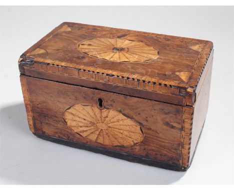 Walnut tea caddy with inlay and cross banded stringing. 20 x 12 x 12 cm
