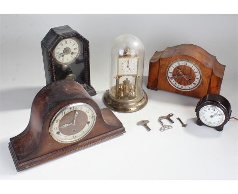 Five clocks, to include a 400 hour example, Croydon & Sons example, two mantel clocks and a Ferranti clock, (5)