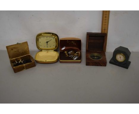 Mixed Lot: Various cufflinks and a travel clock, small thermometer etc