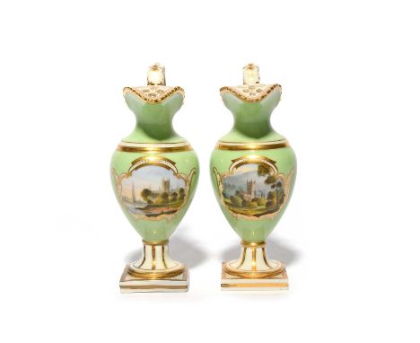 A rare pair of Flight Barr and Barr rosewater sprinklers, c.1825, the ovoid bodies painted with landscape panels showing view
