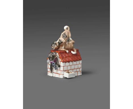 A rare Meissen dog and kennel figure group, c.1735, modelled by J J Kändler, with two pugs having a scrap on the roof of the 