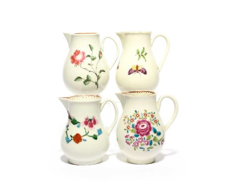Four Worcester sparrow beak milk jugs, c.1760-80, the smallest painted with the Astley or Harvest Bug pattern, another with a
