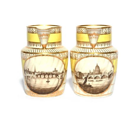 A pair of Chamberlain's Worcester spiral-moulded jugs, c.1800, both painted with landscape panels en grisaille, one with a vi