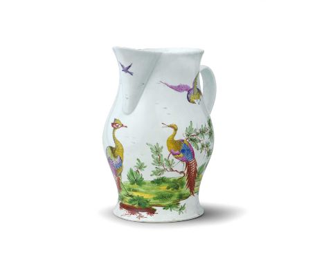 A Richard Chaffers (Liverpool) jug, c.1760-64, well painted with two long-tailed birds facing each other beside leafy branche