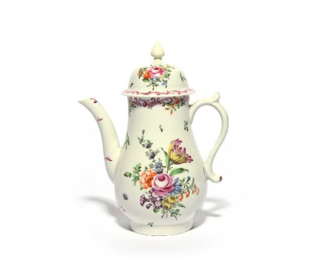 A small Worcester coffee pot and cover, c.1760, finely painted with an arrangement of flowers including tulip, rose and stock