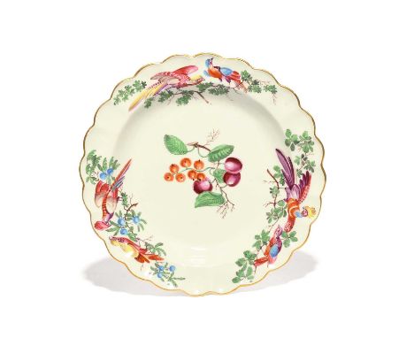 A Worcester dessert plate, c.1770, painted in the London atelier of James Giles, the rim with three vignettes of colourful bi