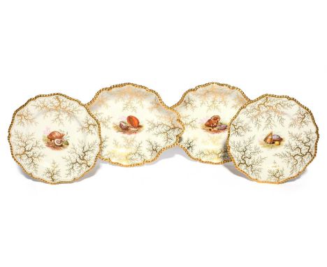 A pair of Flight Barr and Barr dessert plates and two dishes, c.1820, the wells painted with arrangements of sea shells and c