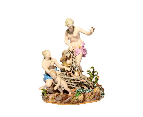 A large Meissen figure group of the Capture of the Tritons, 19th century, originally modelled by J J Kändler with two water n
