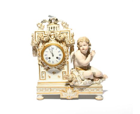 A Meissen mantel clock, late 19th century, a putto with a bow and quiver holding a torch, seated by a quadrangular timepiece 