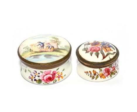 Two South Staffordshire patch boxes, c.1770, of circular form, one painted with flowers, the other with a couple threshing co