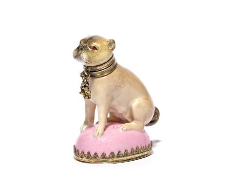 A good German porcelain scent flask modelled as a pug dog, c.1760, probably Meissen, seated on its haunches on a domed pink c