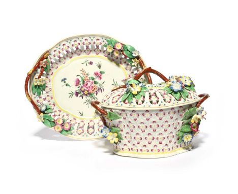 A Worcester chestnut basket with cover and stand, c.1770-75, the basket moulded with hexagonal floral panels, with crabstock 