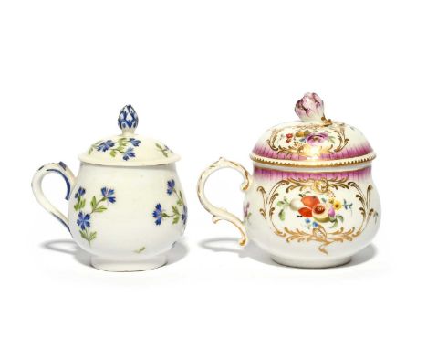 Two Continental custard cups and covers, 2nd half 18th century, one Meissen and painted with panels of fruit and flowers with