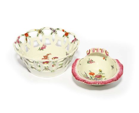 A Worcester circular basket and a shell salt or pickle dish, c.1760-75, the basket painted to the interior with flowers, the 