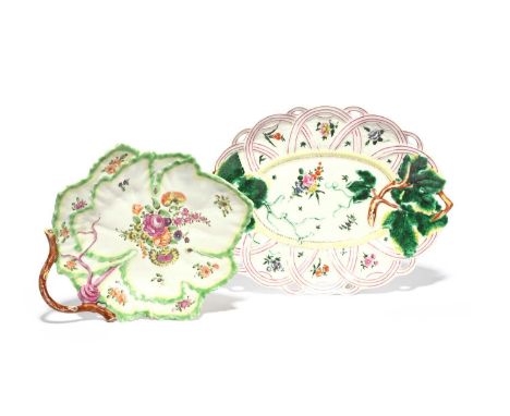 A Worcester two-handled dessert dish or stand, c.1765, moulded with a looped basket rim and vine handles, and a Worcester vin
