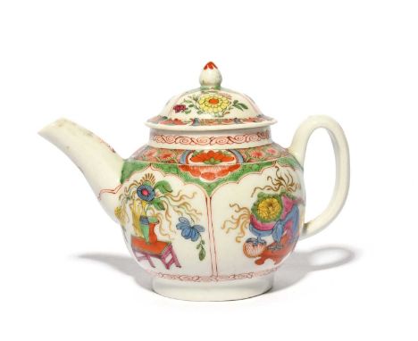 A rare Plymouth teapot and cover of small size, c.1768-70, the squat globular body painted in famille verte enamels with the 