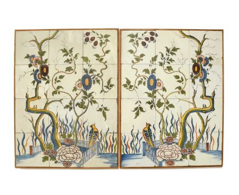 A rare pair of Liverpool delftware tile panels, c.1760, each formed of twelve tiles brightly painted with a bird perched on a