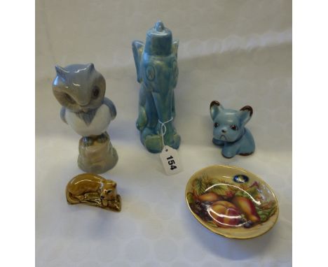 CERAMIC BLUE SYLVAC TYPE ELEPHANT FIGURE, AYNSLEY FRUIT BOWL PLATE, VALENCIA OWL, SYLVAC STYLE BLUE PUPPY AND A SZEILER HONEY