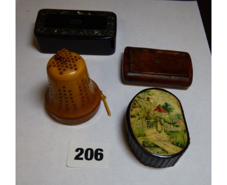 VICTORIAN PAPIER MACHE OBLONG SNUFF BOX, BIRD SNUFF BOX, ONE OTHER PAPIER MACHE KIDNEY SHAPED TRINKET BOX AND A BELL SHAPED E