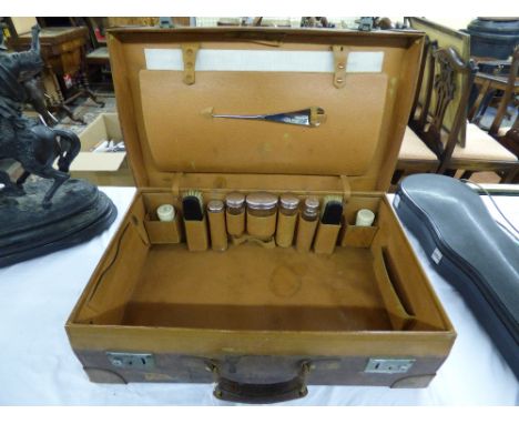 VINTAGE STITCHED LEATHER TRAVELLING CASE HM BIRMINGHAM SILVER FITTED REQUISITES DATED 1911?
