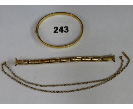 9CT ROSE GOLD EXPANDING WATCH BRACELET 10.9G APPROX, 9CT CORE BANGLE AND A LINK CHAIN 