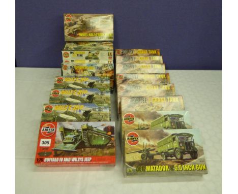 FIVE AIR FIX MINT AND BOXED 1/2 SCALE M4 SHERMAN TANK KITS, SIX M3 LEE GRANT TANK KITS, THREE WILLY'S JEEP KITS, TWO AEC MATA