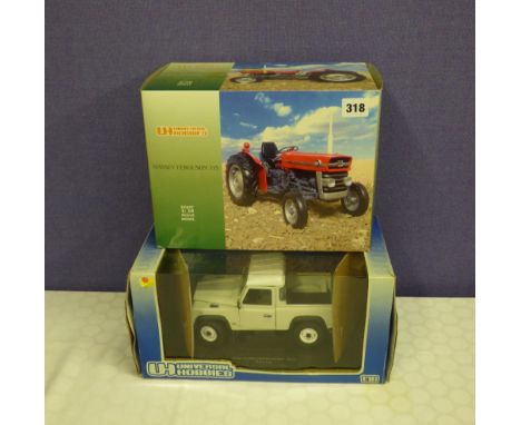 UNIVERSAL HOBBIES 1:18 SCALE LAND ROVER DEFENDER AND 1:16 SCALE MASSEY FERGUSON 135 TRACTOR (BOXED)