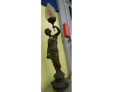 19TH CENTURY BRONZED PATINATED SPELTER FIGURAL TABLE LAMP WITH FROSTED FLAMBEAU SHADE ON SOCLE BASE HEIGHT 9CM