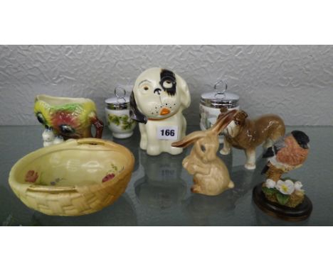 SYLVAC 155 DOG, SYLVAC BROWN GLAZED RABBIT, CROWN DEVON SEATED DOG, ROYAL WORCESTER BLUSH IVORY FLORAL BASKET A/F, TWO ROYAL 