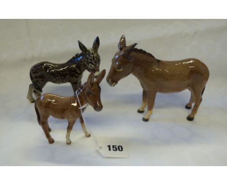 BESWICK GLOSS DONKEY NO. 2267 A BESWICK DONKEY FOAL 2110 AND A W. GOEBEL DONKEY FIGURIE 12CM  