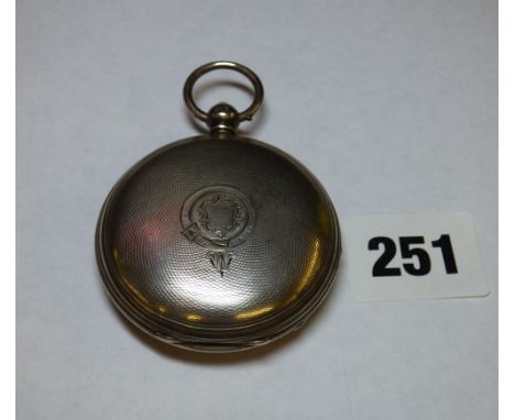 HM SILVER FULL HUNTER POCKET WATCH, ENGINE TURNED CASE WHITE ENAMEL DIAL