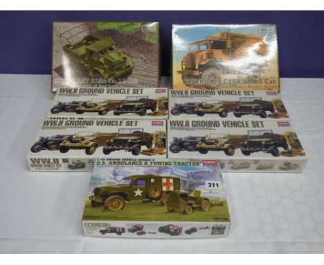 SEVEN ACADEMY/ IBG MINT AND BOXED 1/72 SCALE MODEL KITS, CHEVROLET ARMY VEHICLES, FOUR WWII GROUND VEHICLE SETS AND A U.S AMB