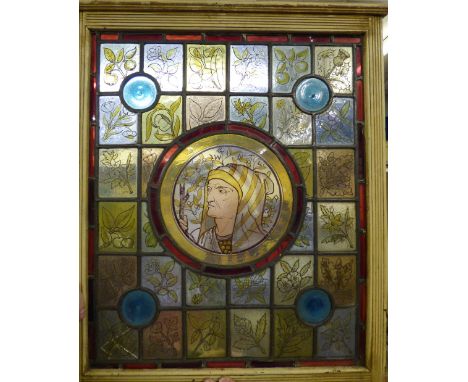 19TH CENTURY LEADED STAINED GLASS 'WINTER' PANEL IN FIRESCREEN FRAME
